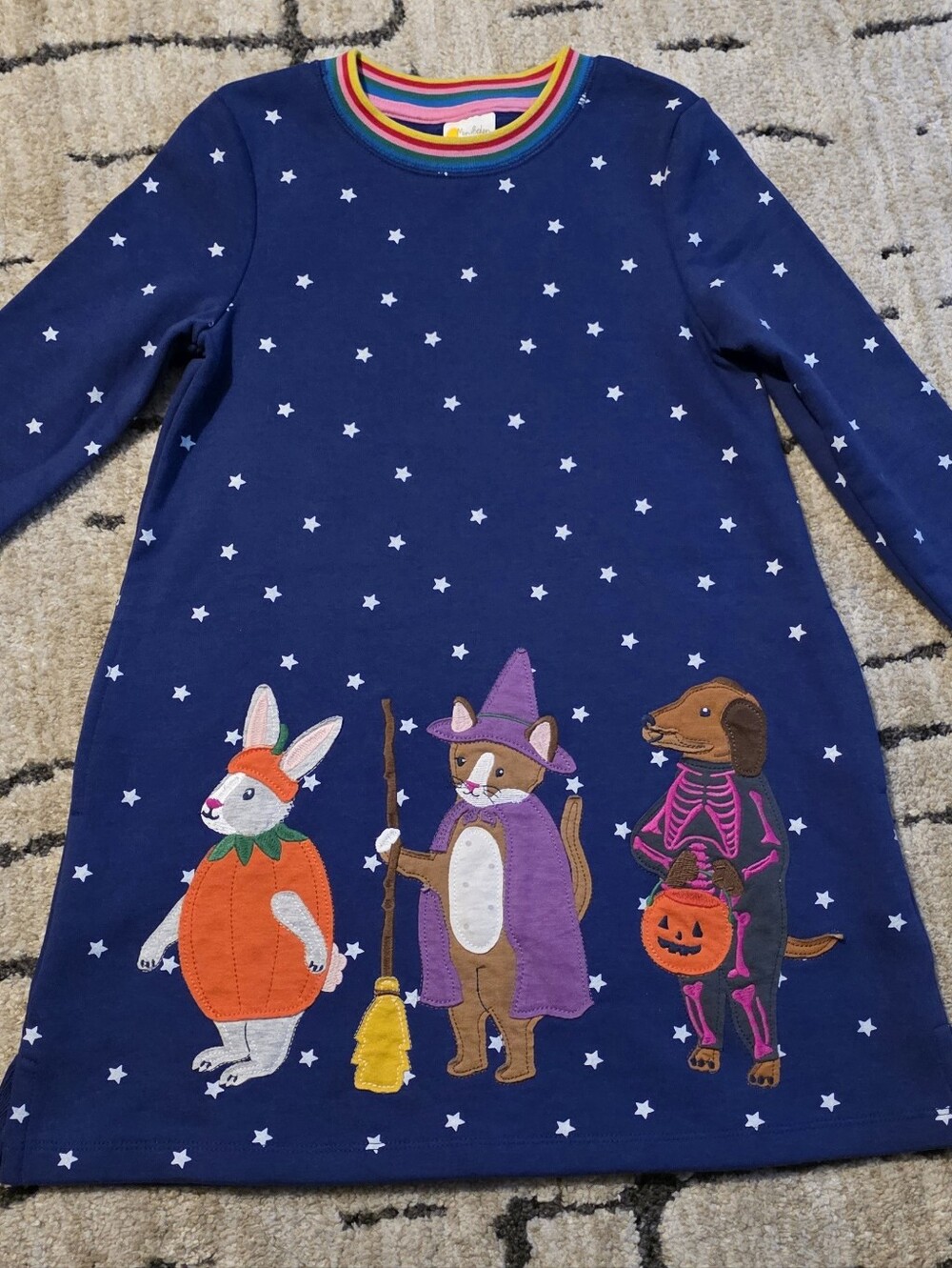 Mini Boden Blue Star Halloween Animals Appliqué Sweatshirt Dress NWOT